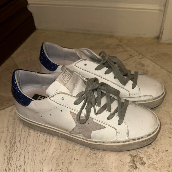 GOLDEN GOOSE SSENSE EXCLUSIVE WHITE BLUE GLITTER TAB HIGH STAR SNEAKERS - Picture 2 of 5